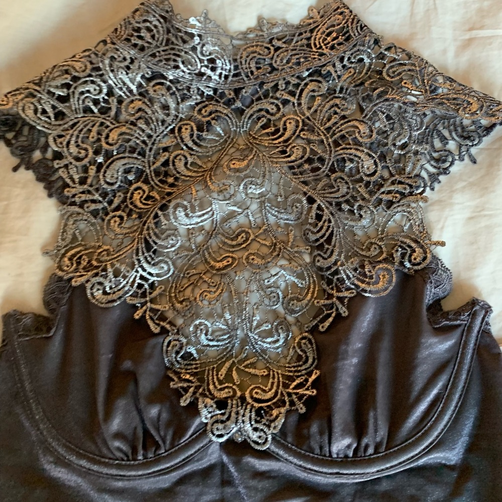 Oh La La Cherie sheer gray bodysuit with lace front/top. SMALL NWT - Picture 2 of 6